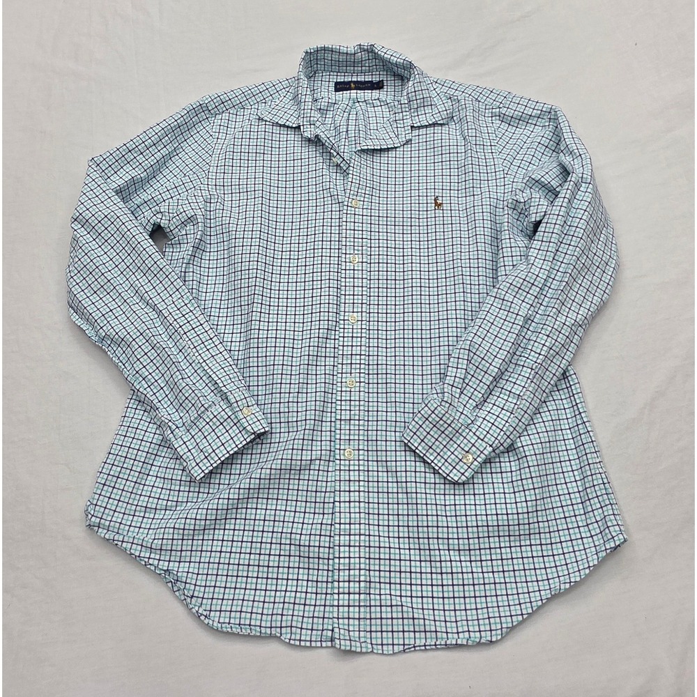 Ralph Lauren Mens Large Button Down‎ Shirt Teal Navy Plaid Check Long Sleeve